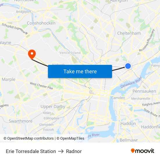 Erie Torresdale Station to Radnor map