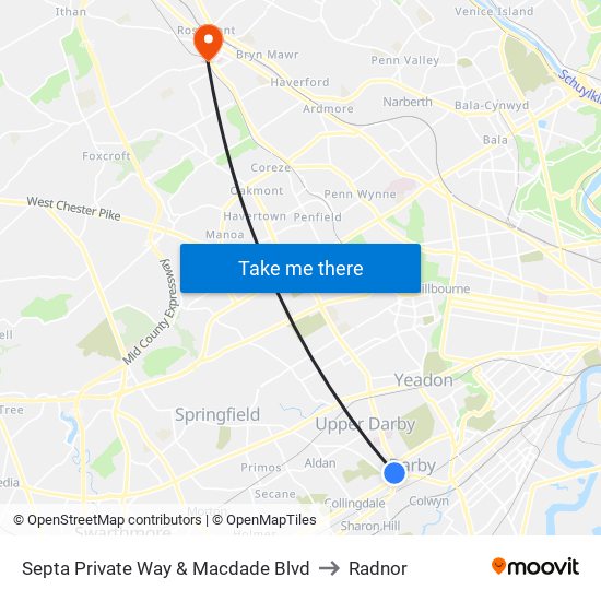 Septa Private Way & Macdade Blvd to Radnor map