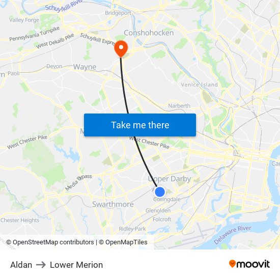 Aldan to Lower Merion map