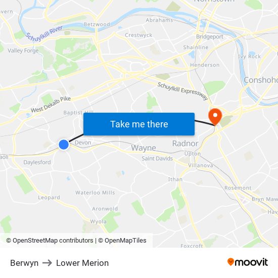 Berwyn to Lower Merion map