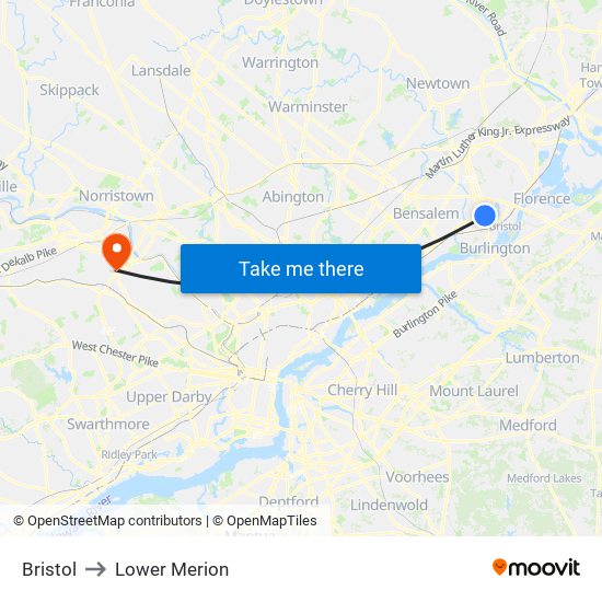 Bristol to Lower Merion map