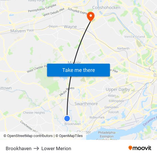 Brookhaven to Lower Merion map