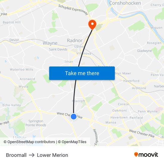 Broomall to Lower Merion map