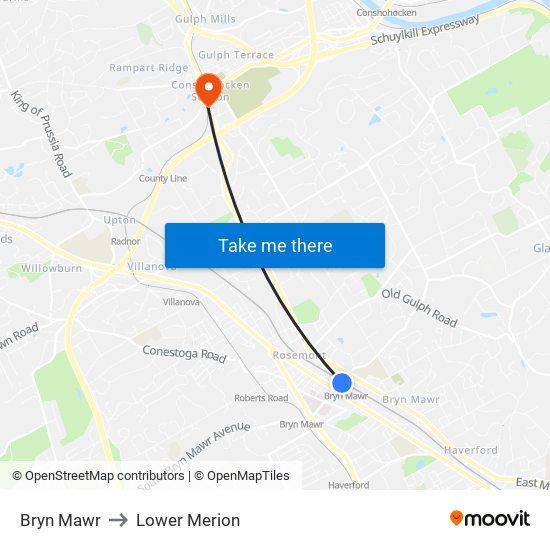 Bryn Mawr to Lower Merion map