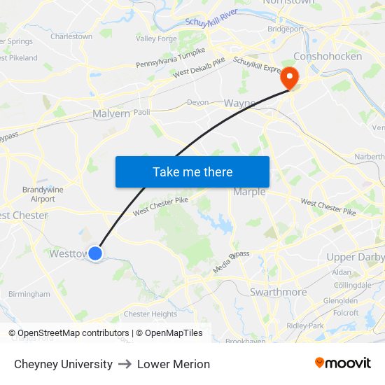 Cheyney University to Lower Merion map