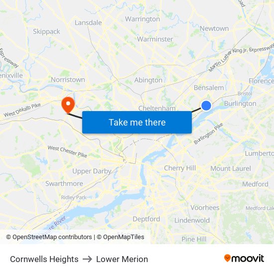 Cornwells Heights to Lower Merion map