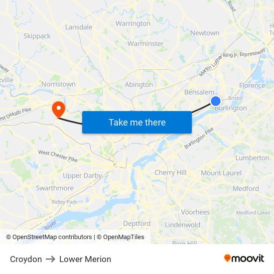 Croydon to Lower Merion map