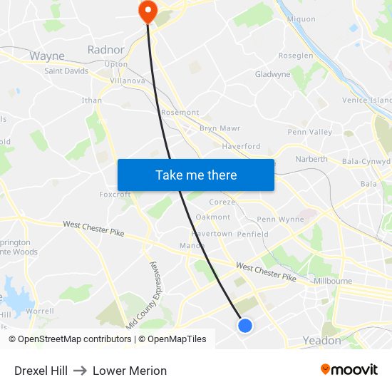 Drexel Hill to Lower Merion map