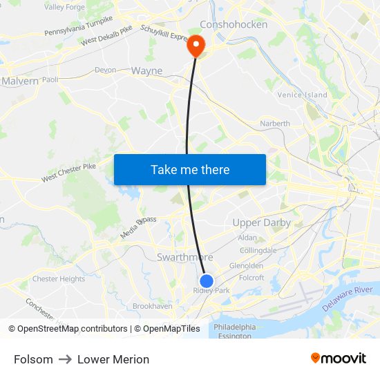 Folsom to Lower Merion map