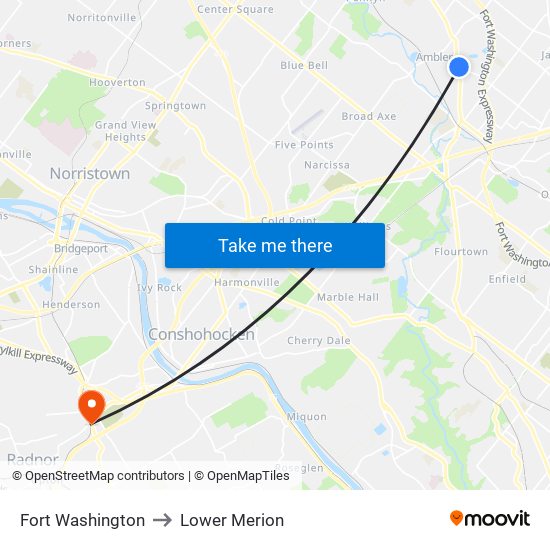 Fort Washington to Lower Merion map