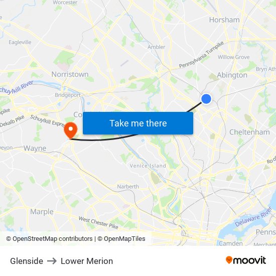 Glenside to Lower Merion map