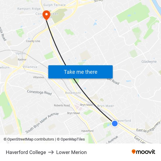 Haverford College to Lower Merion map