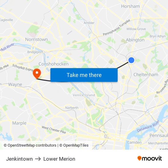 Jenkintown to Lower Merion map