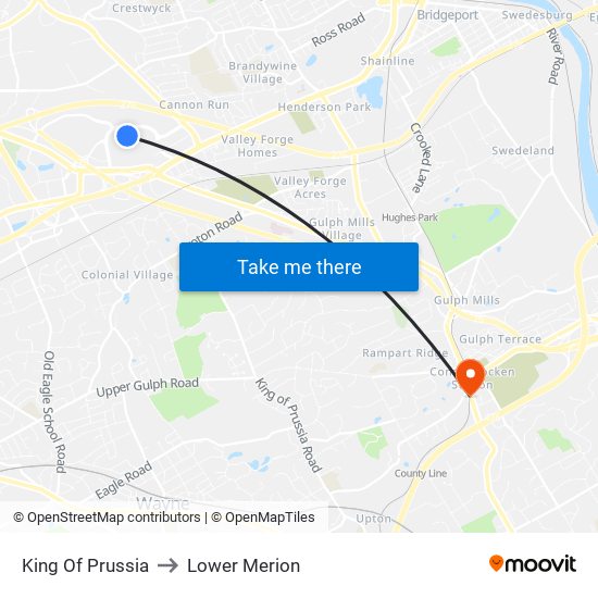 King Of Prussia to Lower Merion map