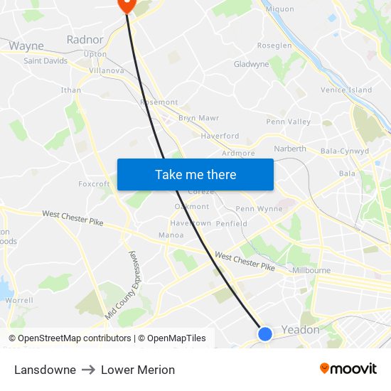 Lansdowne to Lower Merion map