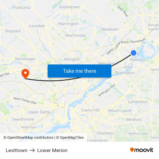 Levittown to Lower Merion map
