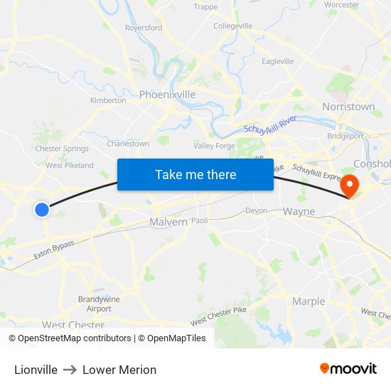 Lionville to Lower Merion map