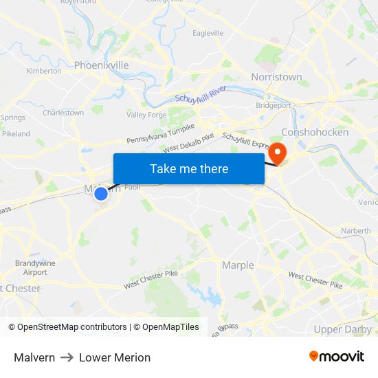 Malvern to Lower Merion map