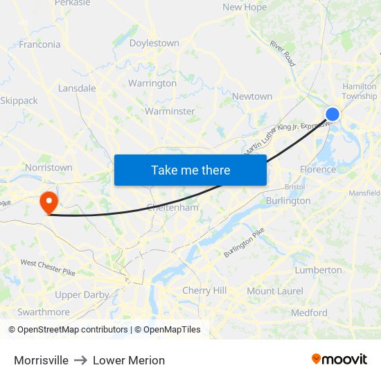 Morrisville to Lower Merion map