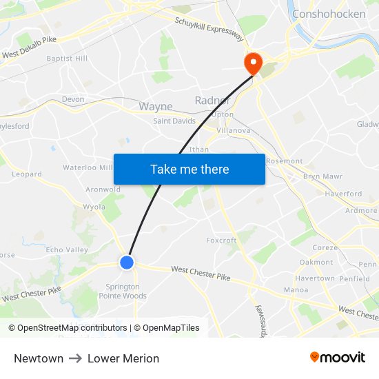 Newtown to Lower Merion map
