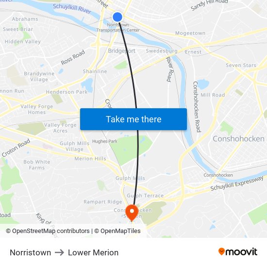 Norristown to Lower Merion map