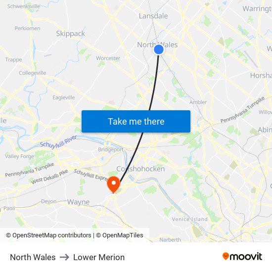 North Wales to Lower Merion map