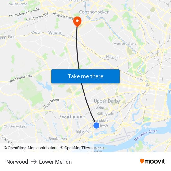 Norwood to Lower Merion map