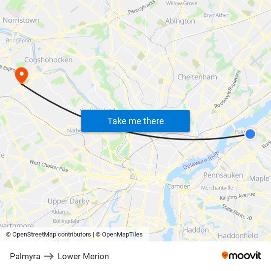 Palmyra to Lower Merion map