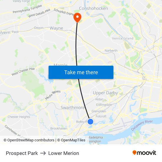 Prospect Park to Lower Merion map