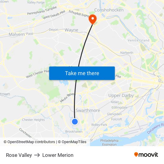 Rose Valley to Lower Merion map