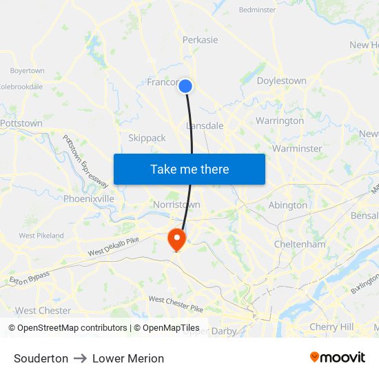 Souderton to Lower Merion map