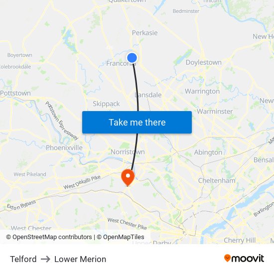 Telford to Lower Merion map