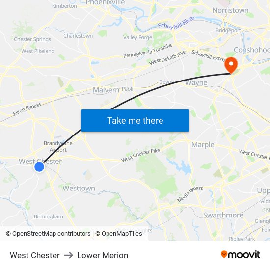 West Chester to Lower Merion map