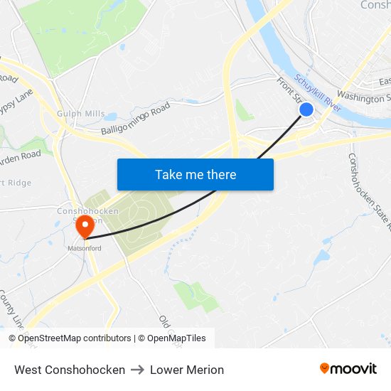 West Conshohocken to Lower Merion map