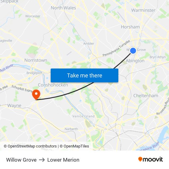 Willow Grove to Lower Merion map