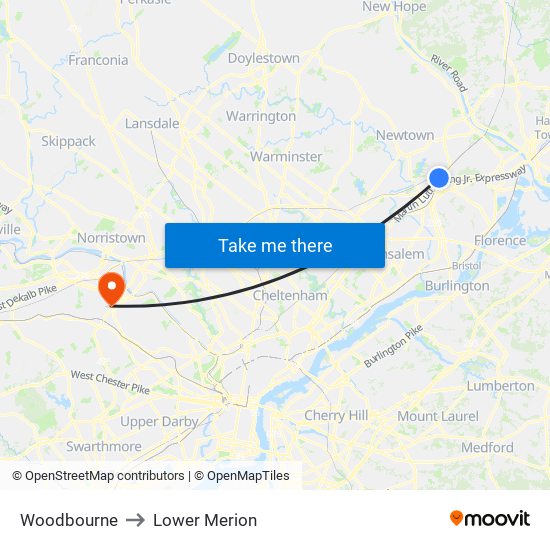 Woodbourne to Lower Merion map
