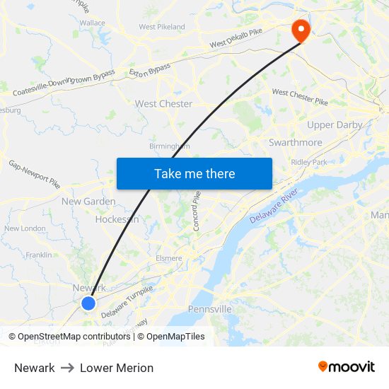 Newark to Lower Merion map