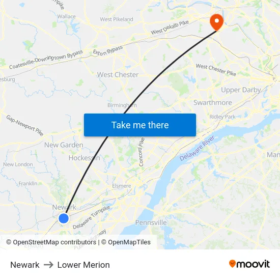 Newark to Lower Merion map