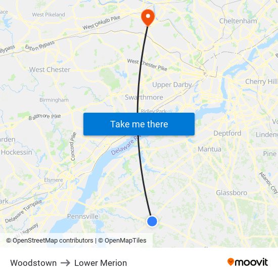 Woodstown to Lower Merion map