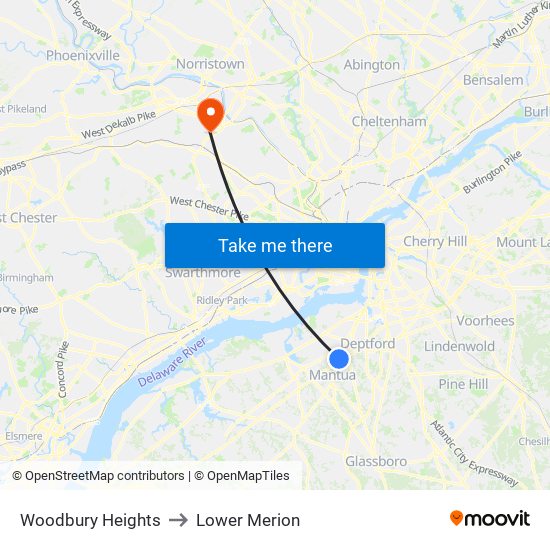 Woodbury Heights to Lower Merion map