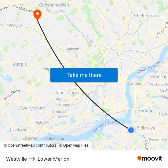 Westville to Lower Merion map