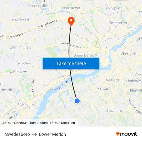 Swedesboro to Lower Merion map