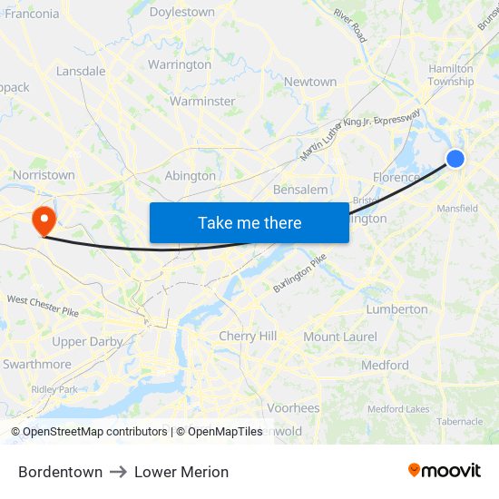 Bordentown to Lower Merion map