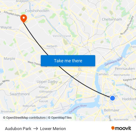 Audubon Park to Lower Merion map