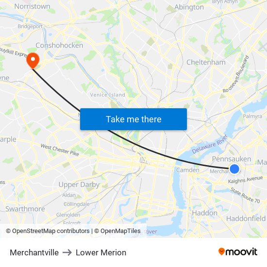 Merchantville to Lower Merion map