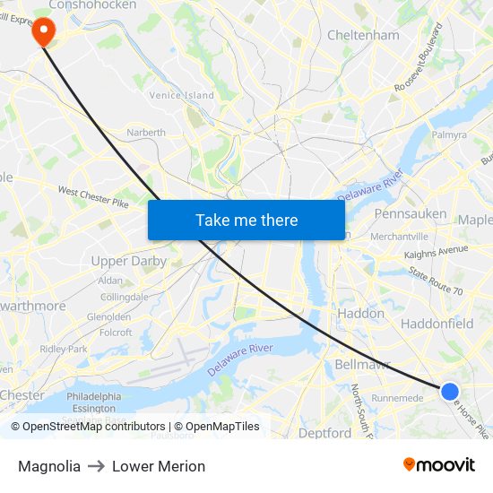 Magnolia to Lower Merion map