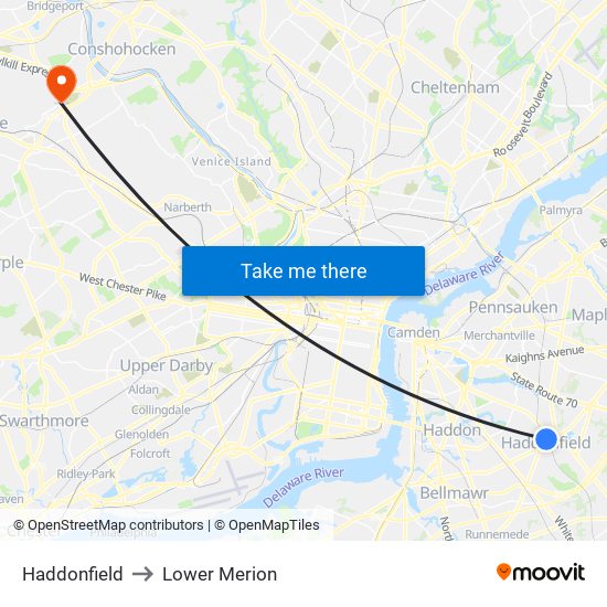 Haddonfield to Lower Merion map