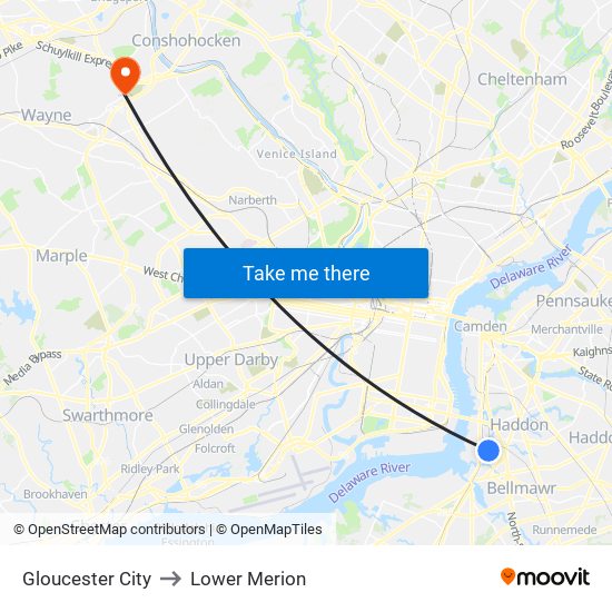 Gloucester City to Lower Merion map