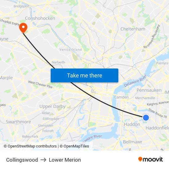 Collingswood to Lower Merion map