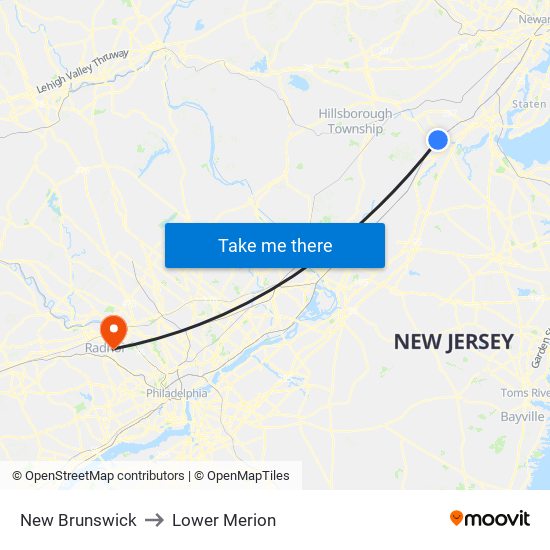 New Brunswick to Lower Merion map